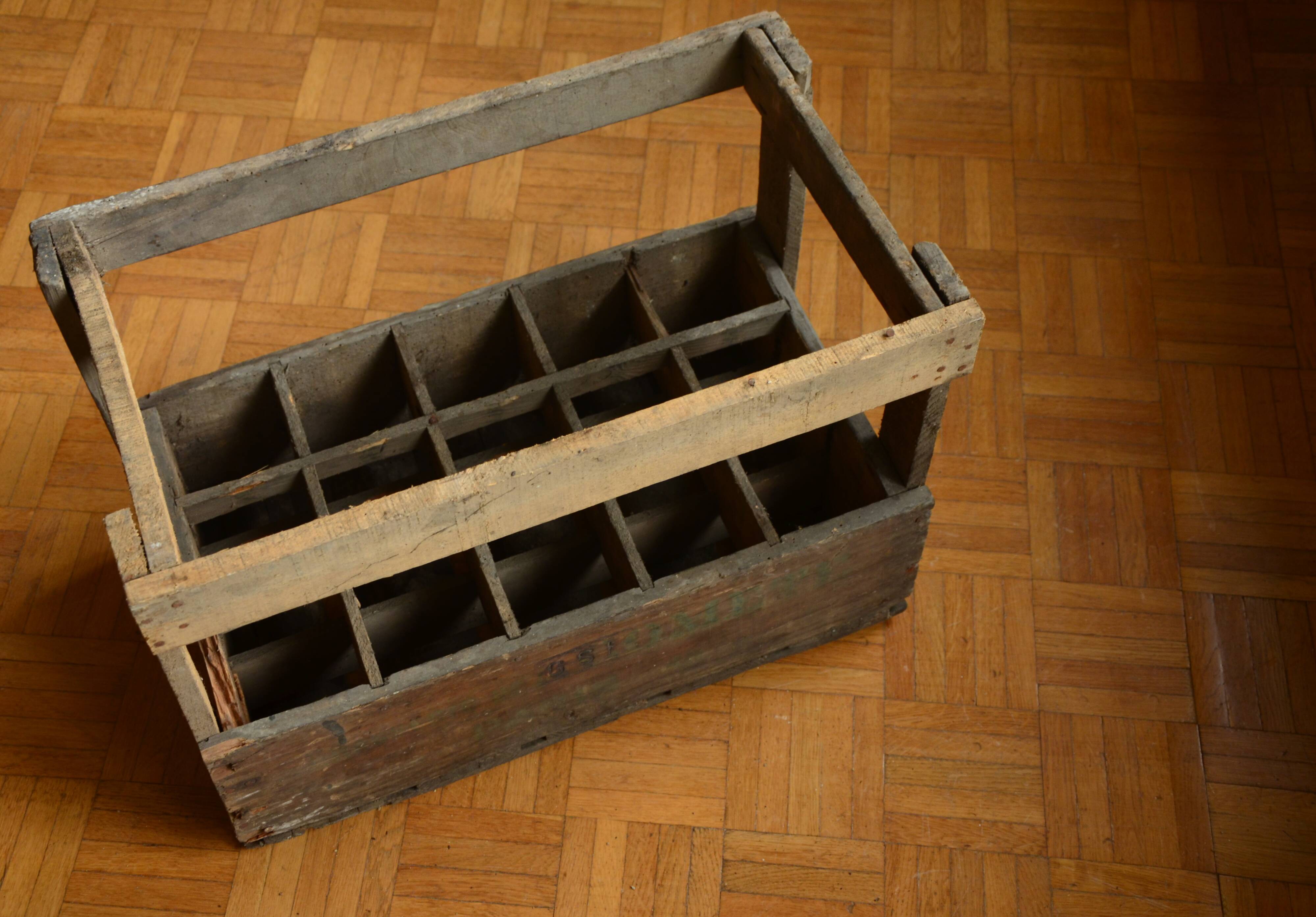 Old wooden bottles box