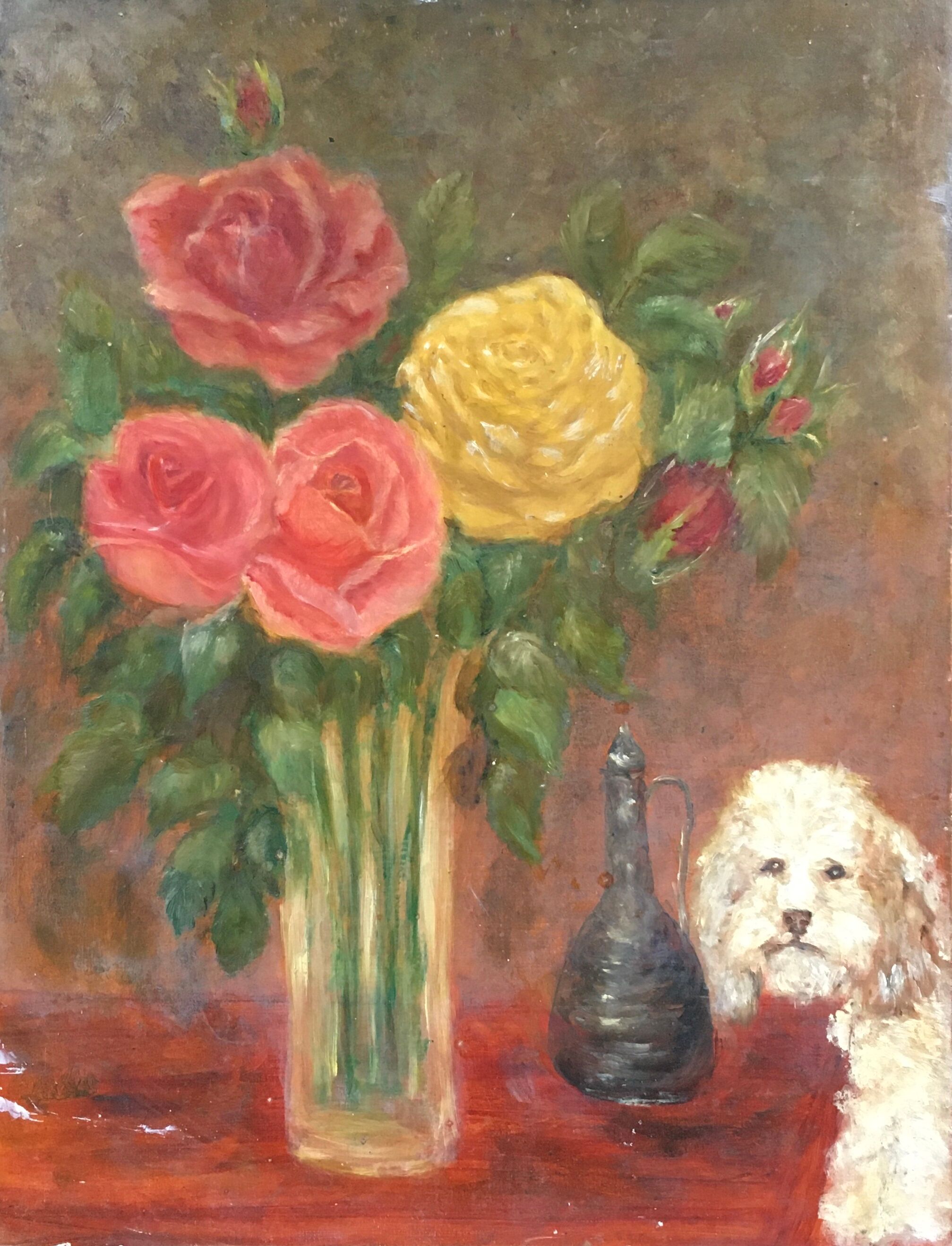 Bouquet of roses and poodle painting