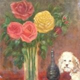 Bouquet of roses and poodle painting