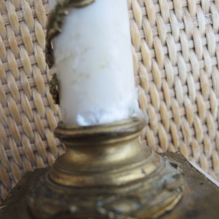 2 antique column candle holders in white marble and brass