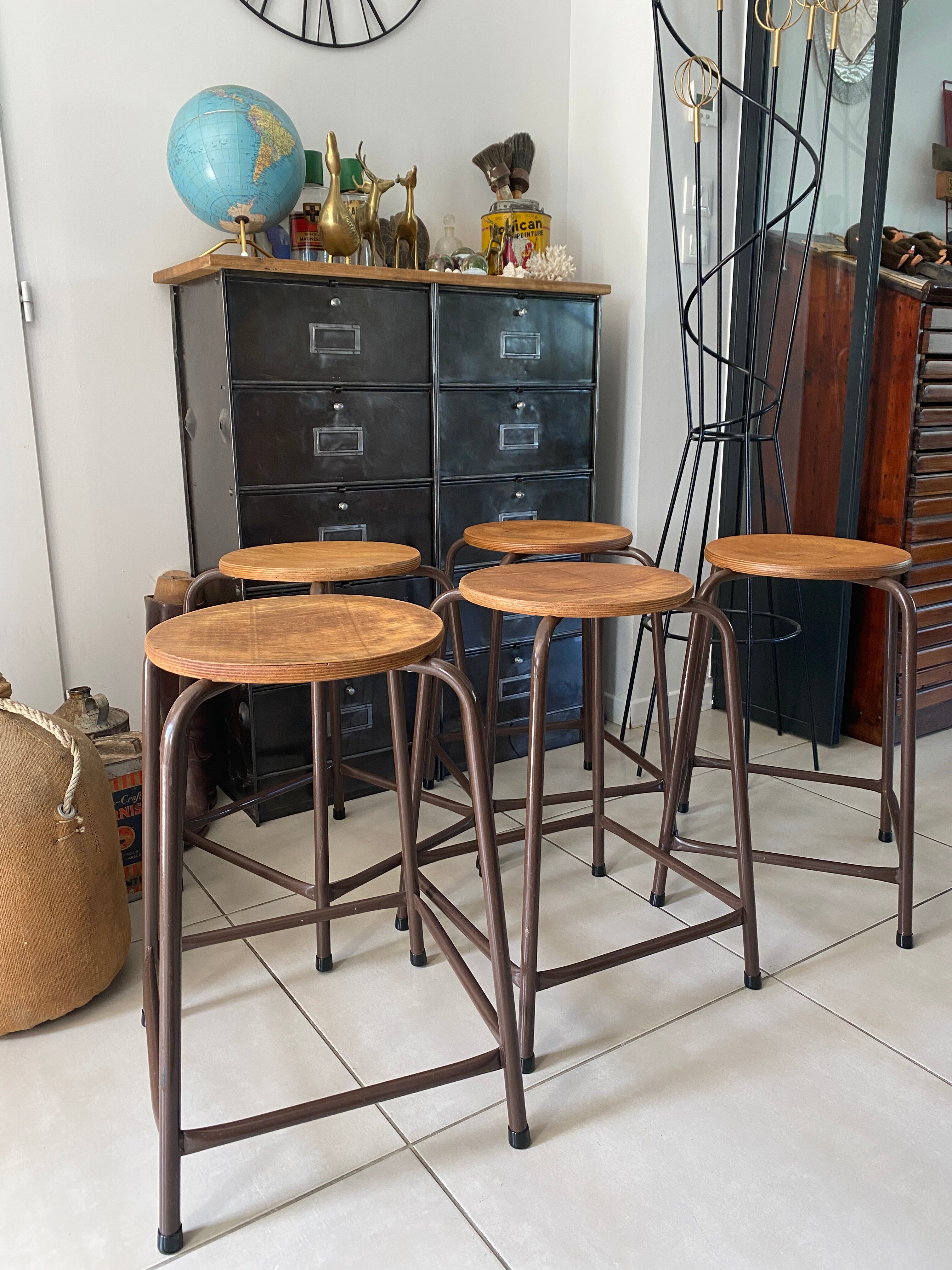 Series of 5 metal and wood workshop stools