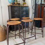 Series of 5 metal and wood workshop stools