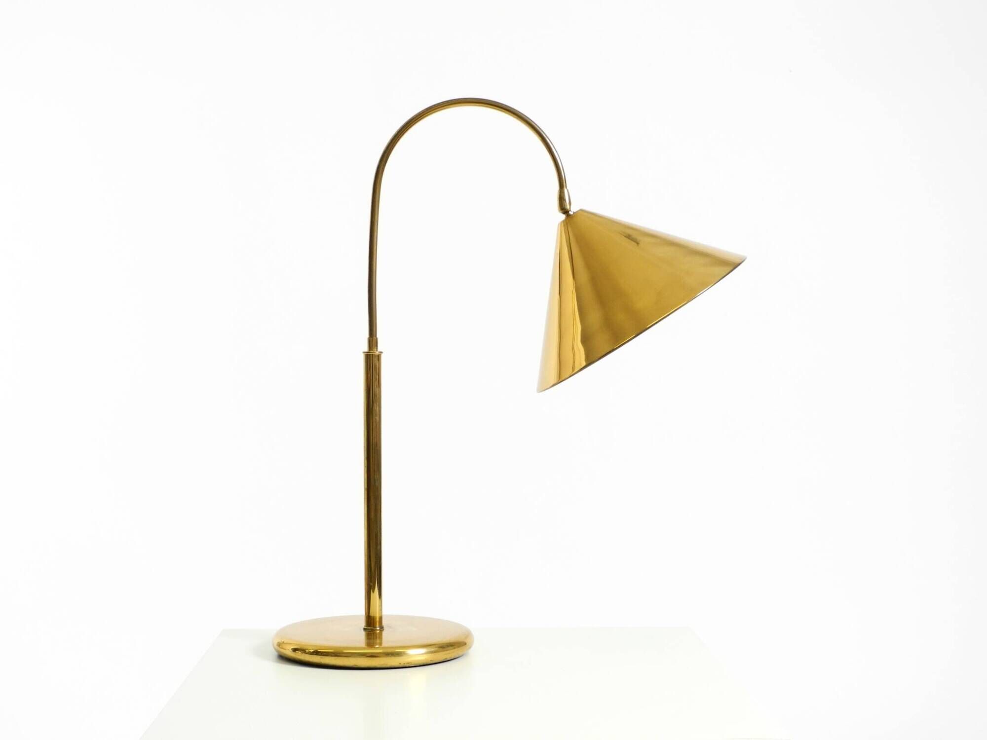 Large original brass table lamp with a conical shade, Mid-Century Modern