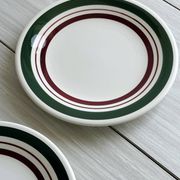 Vintage Dessert Plate Duo with Green and Burgundy Red Border
