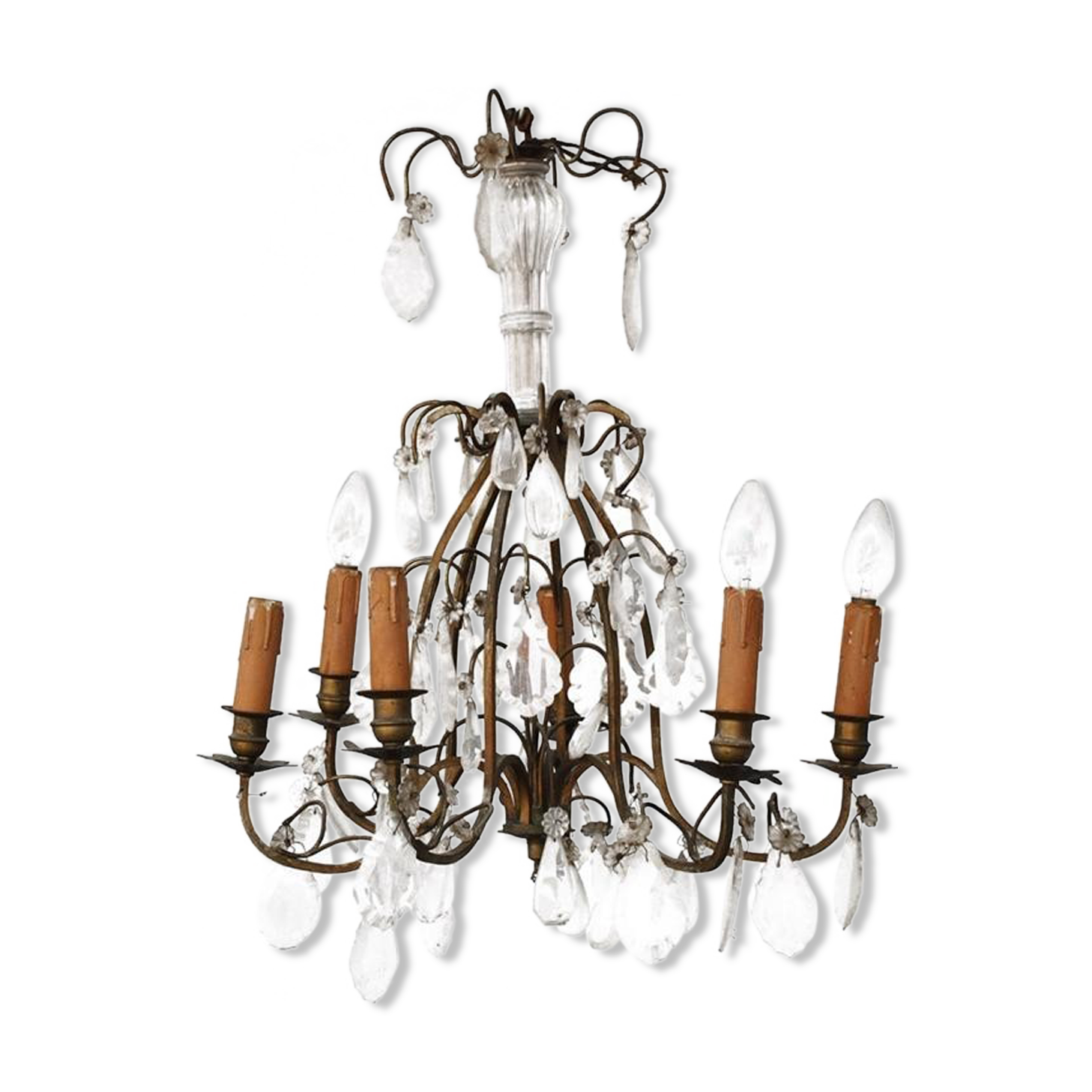 Lustre à pampille de style Louis XV bronze doré 6 feux