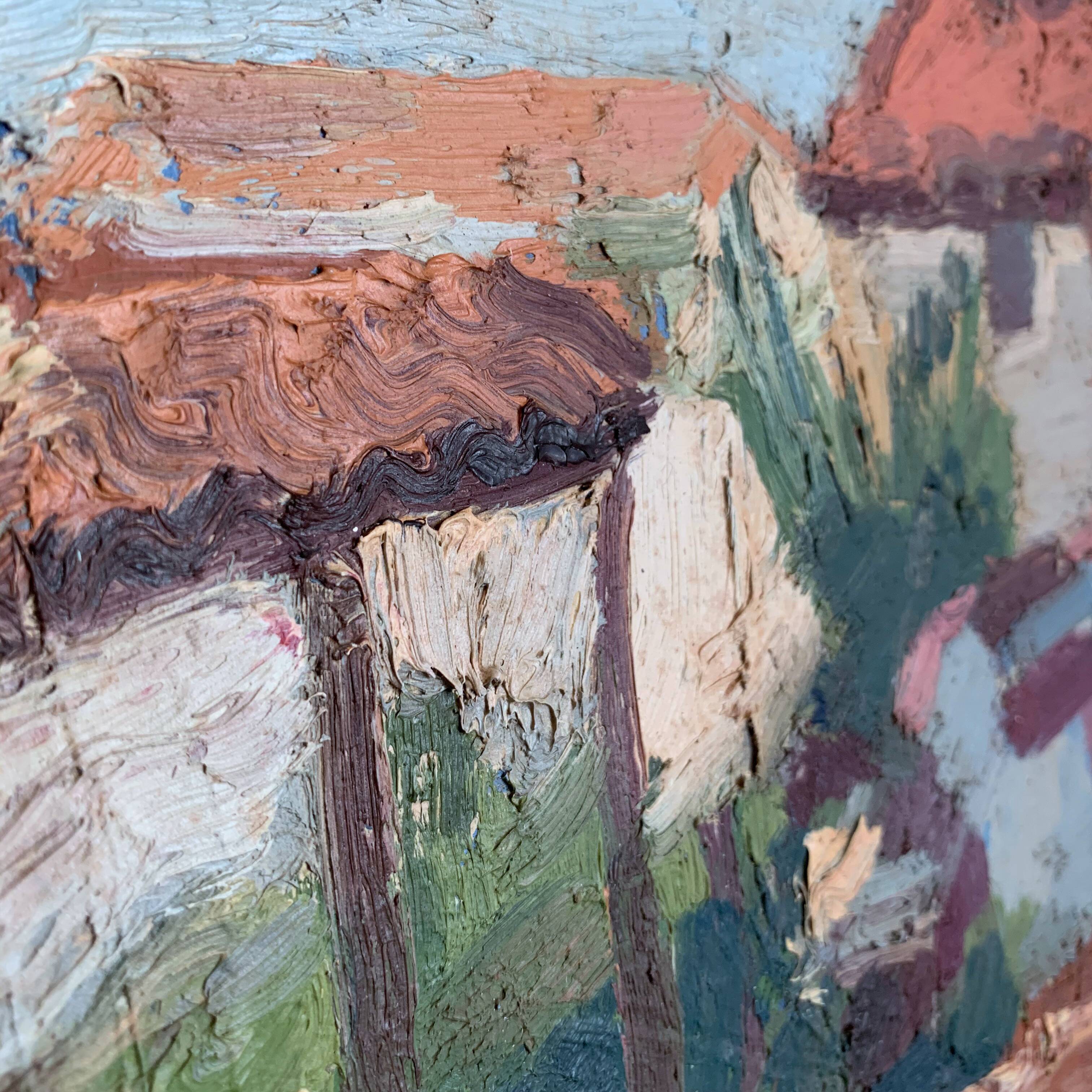 Ancient oil painting on canvas landscape of the south of France