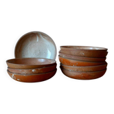 Set of 10 turned stoneware plates, pyritised and glazed, wabi-sabi brutalist.