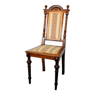 Antique beech chair with carved brown wood and multicoloured fabric - high back, 1890s