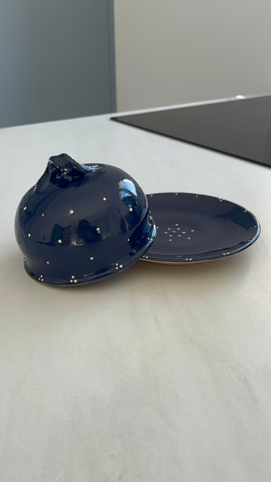 Vintage artisanal blue night ceramic butter dish in Alsatian style.