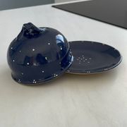 Beurrier en céramique bleu nuit vintage artisanal style alsacien
