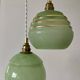 Suspension triple globes vintage art déco en verre vert et doré