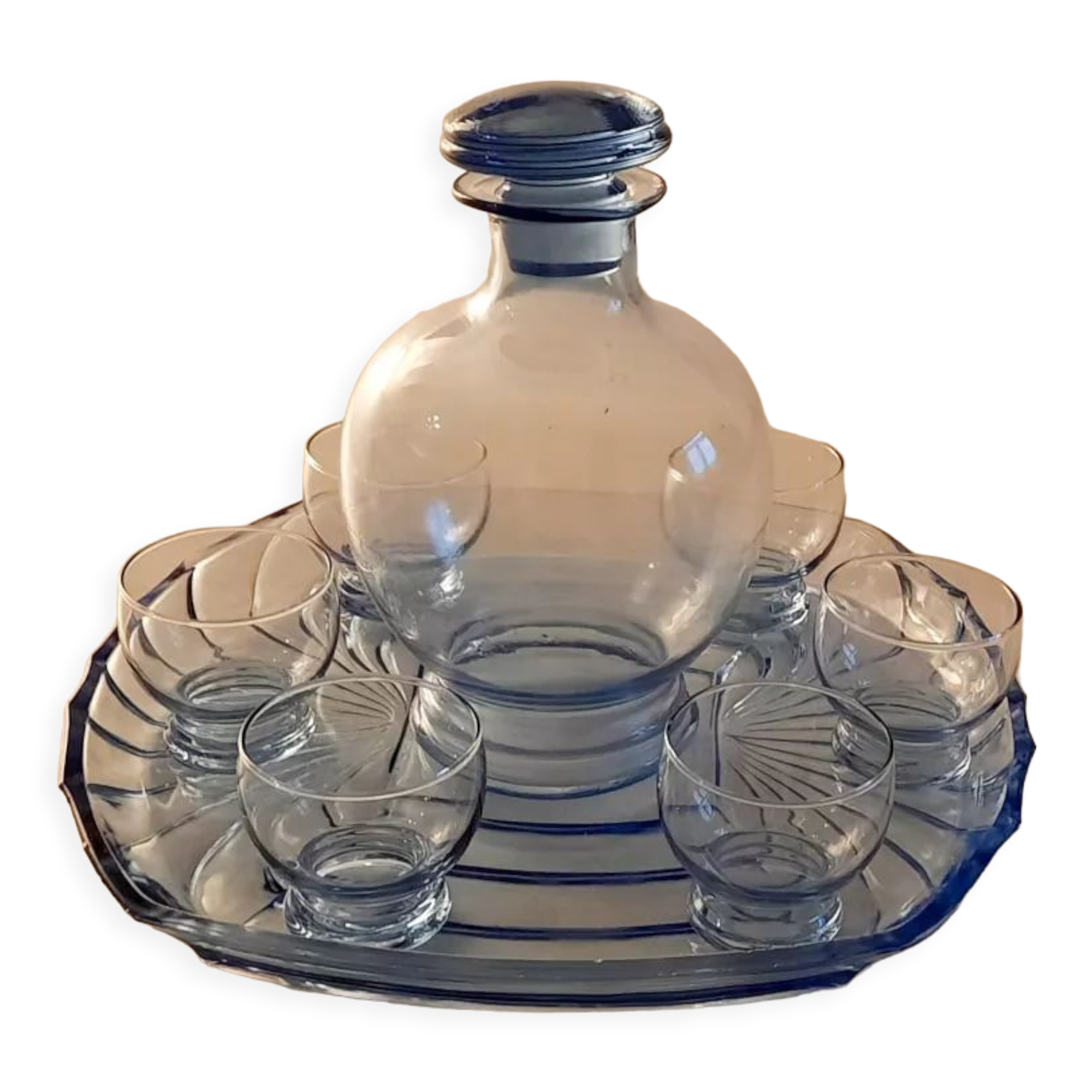 Service à liqueur en verre bleu vintage