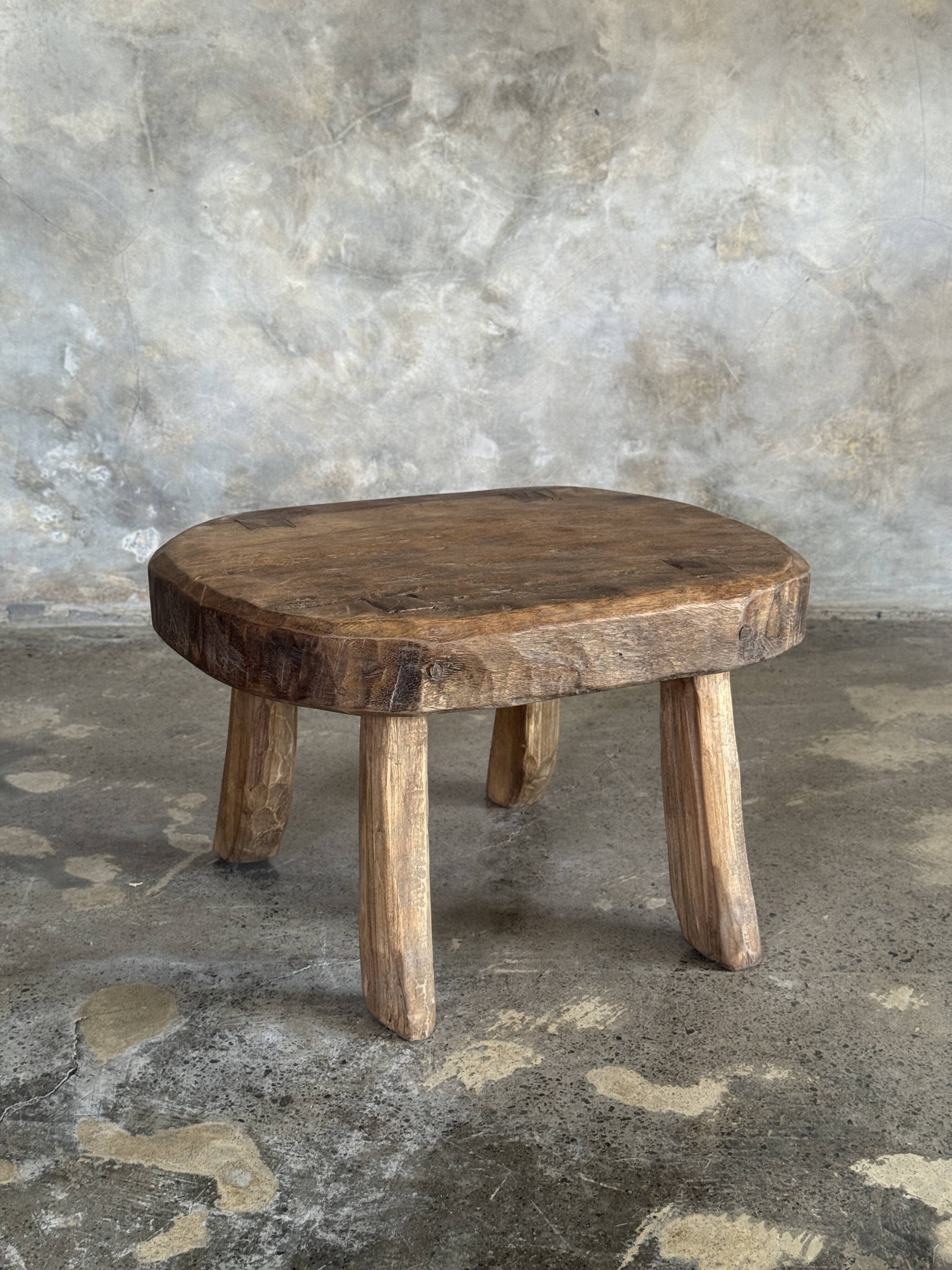 Small stool, oval solid teak accent stool with a two-tone seat.