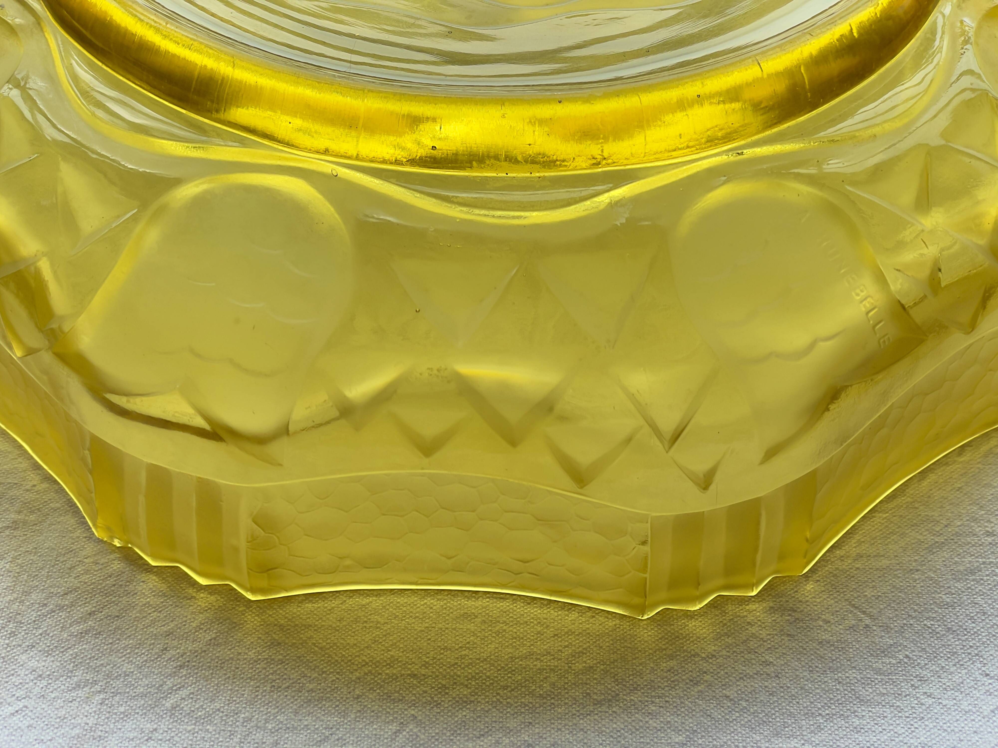 Rare Art Deco salad bowl by André Hunebelle in yellow molded pressed glass