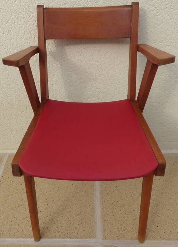 Fauteuil de bureau  pieds compas et assise en skaï rouge, 1950