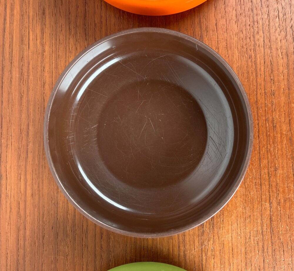 Set of 4 stackable Mepal bowls in mid-century Danish Space Age style, made by Rosti, 1960.