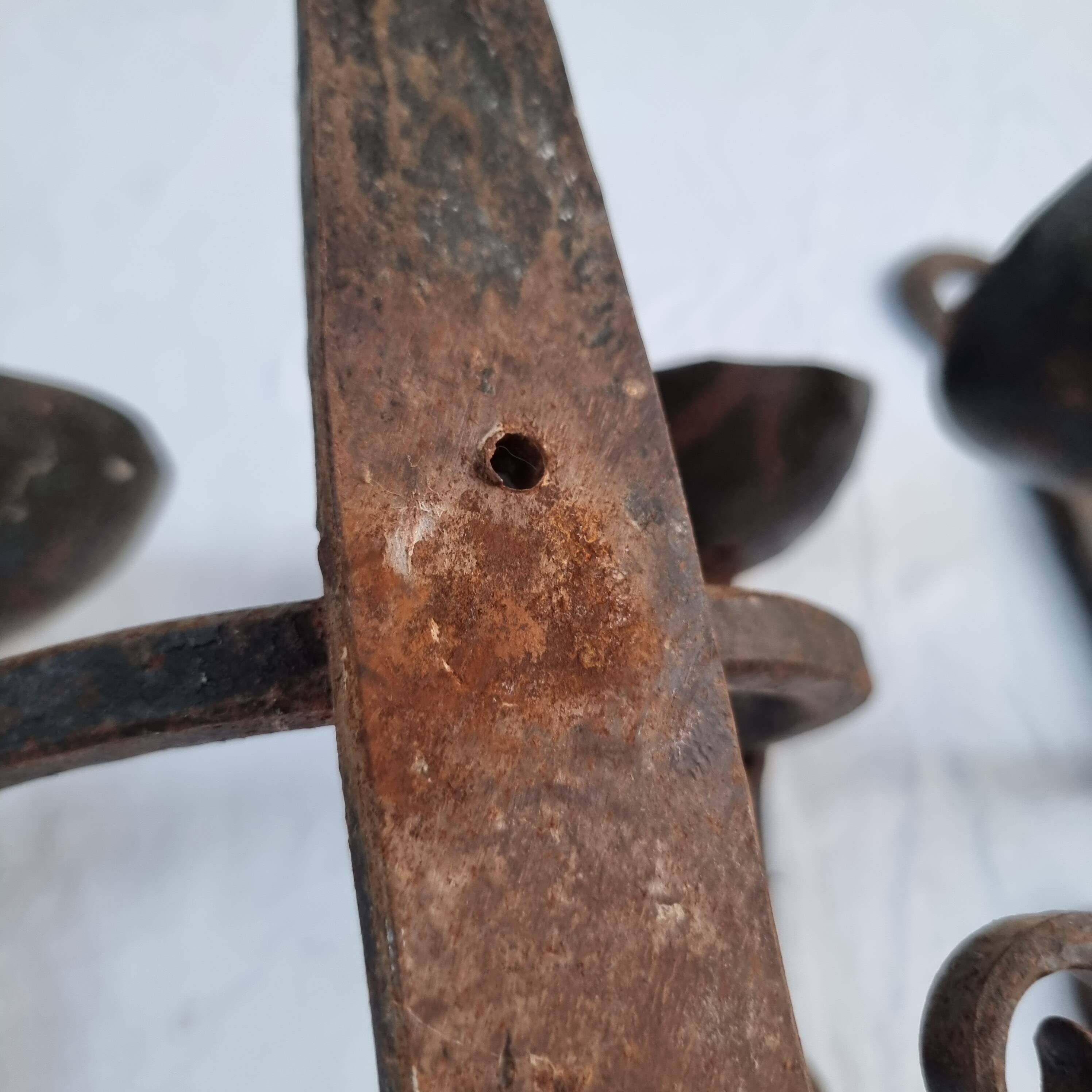 Pair of antique 15th century medieval castle wrought iron candlesticks