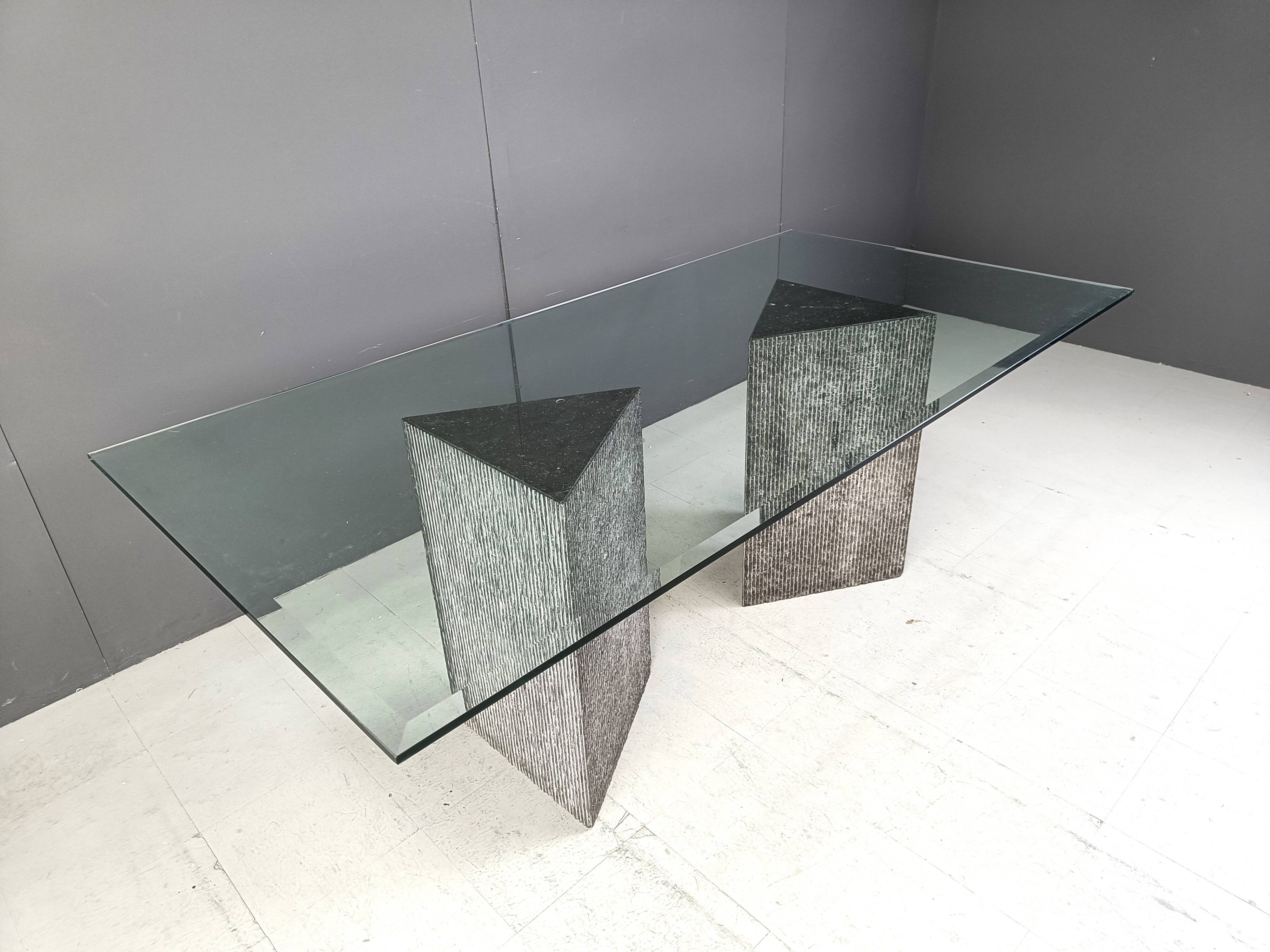 Vintage brutalist glass and marble dining table, 1970s