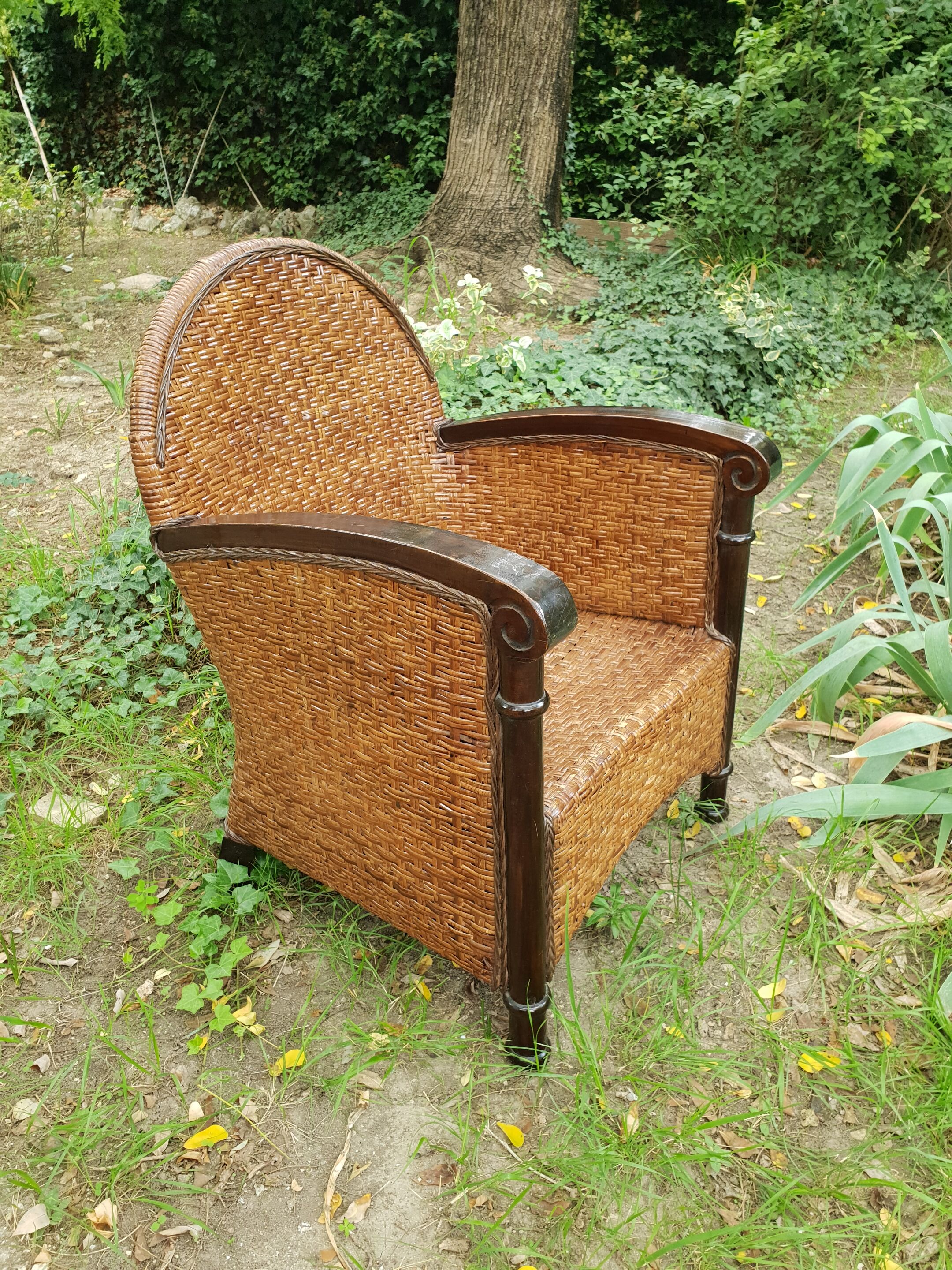Paire de fauteuils en bois et rotin 1980