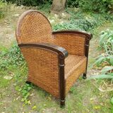 Paire de fauteuils en bois et rotin 1980