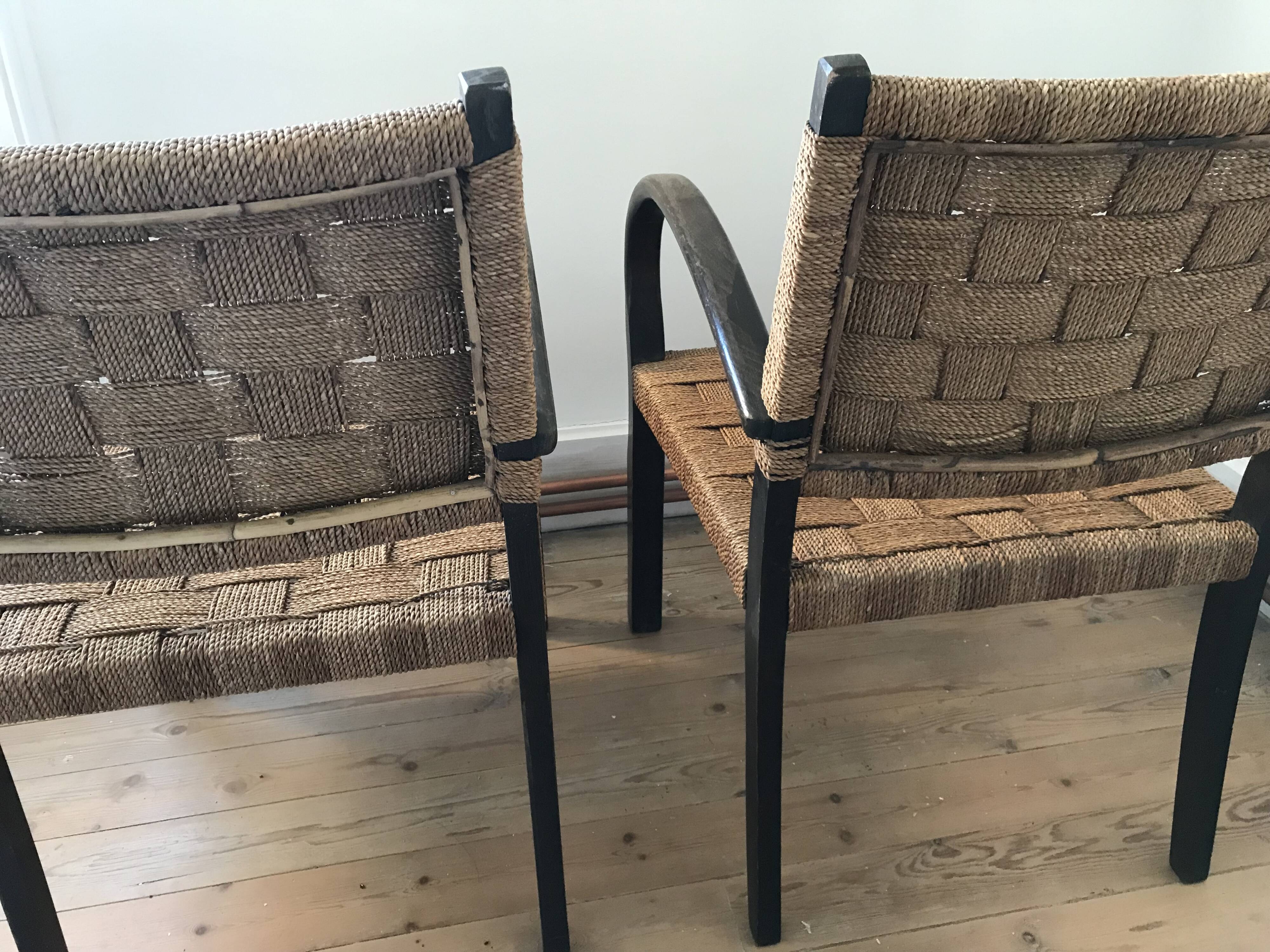 Pair of vintage rope armchairs, wooden frame, Sweden, 1960, Axel Larsson