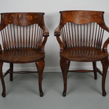 Pair of English Edwardian Oak Spindle Back Captains Office Desk Chairs