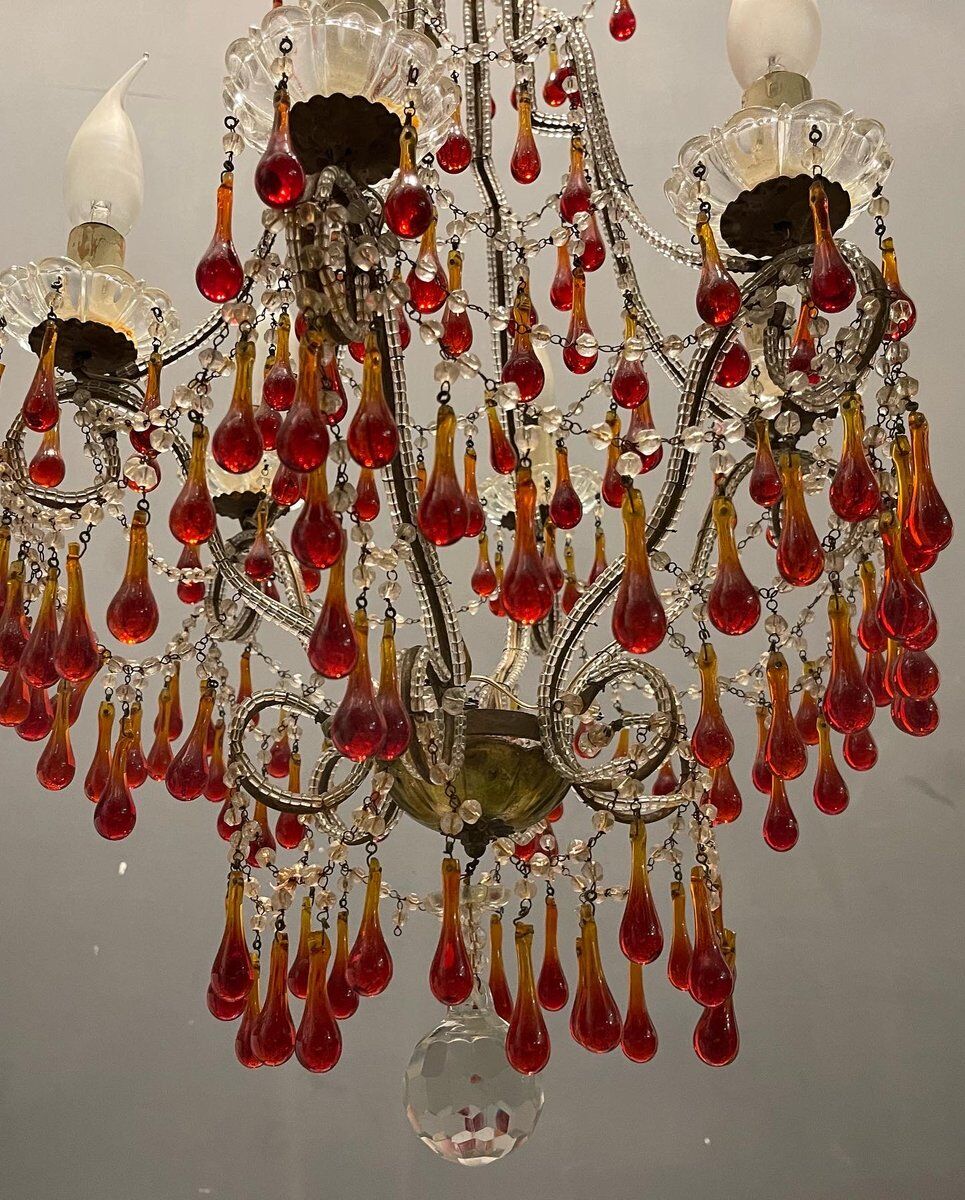 Vintage italian murano glass crystal macaroni beaded chandelier, 1950s