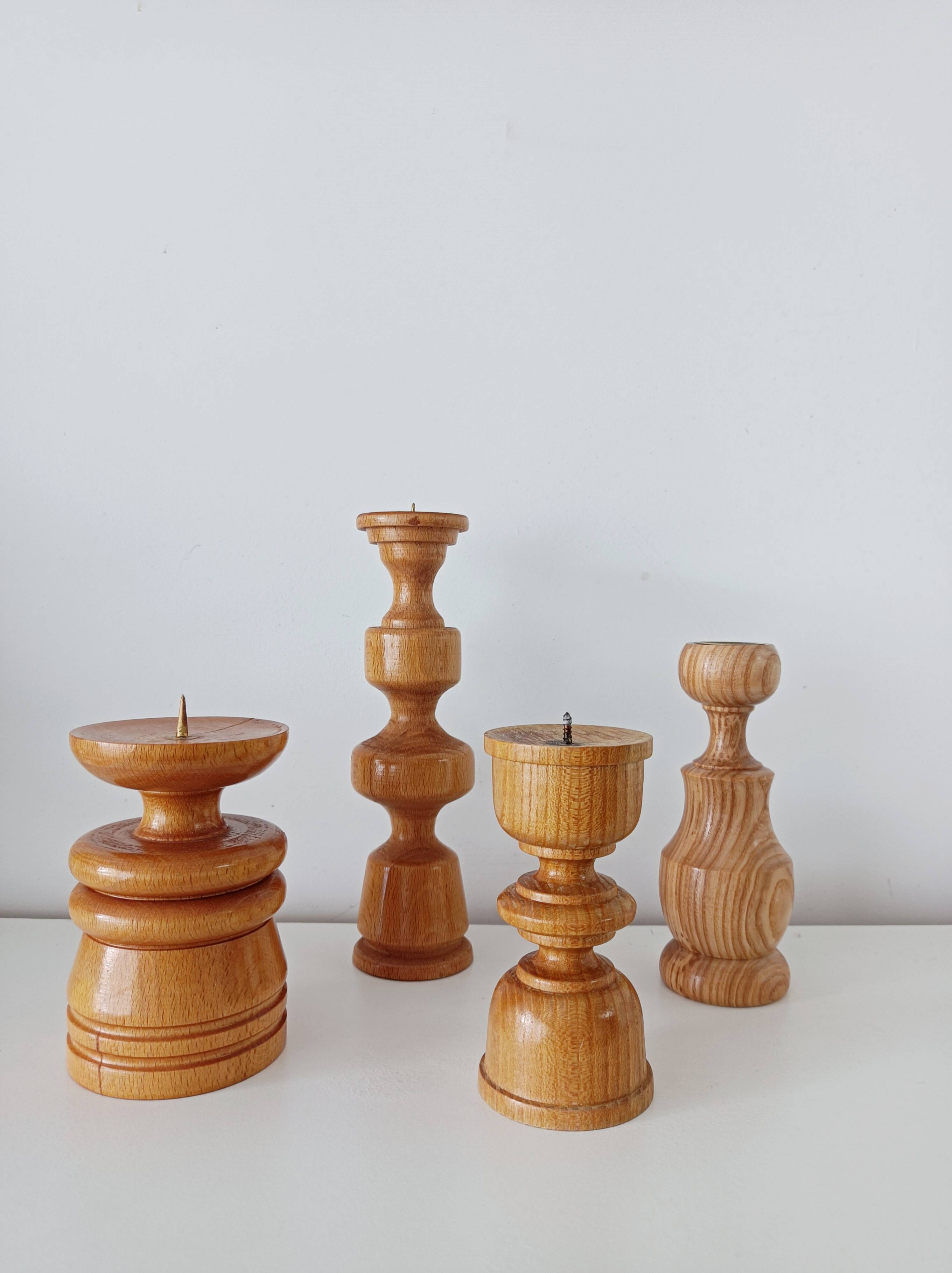 Set of 4 Scandinavian turned wooden candle holders