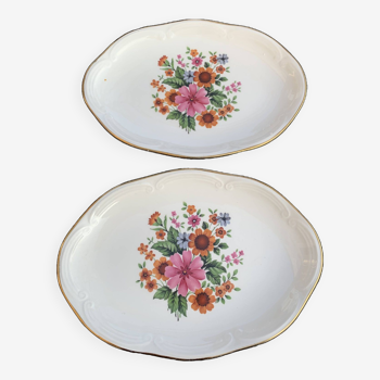 Lot de deux plats de service en faience, GIEN France, motif floral, fleurs très colorées, vintage