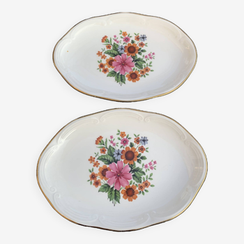 Set of two earthenware serving dishes, GIEN France, floral pattern, very colorful flowers, vintage