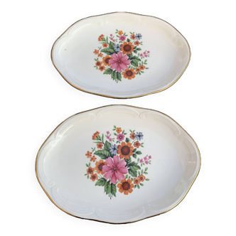 Lot de deux plats de service en faience, GIEN France, motif floral, fleurs très colorées, vintage