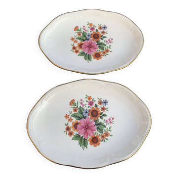 Lot de deux plats de service en faience, GIEN France, motif floral, fleurs très colorées, vintage