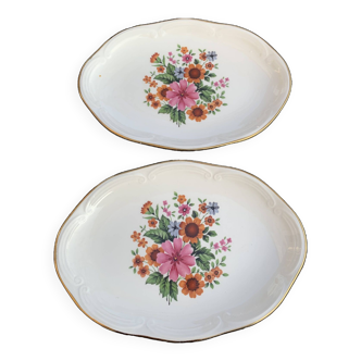 Set of two earthenware serving dishes, GIEN France, floral pattern, very colorful flowers, vintage