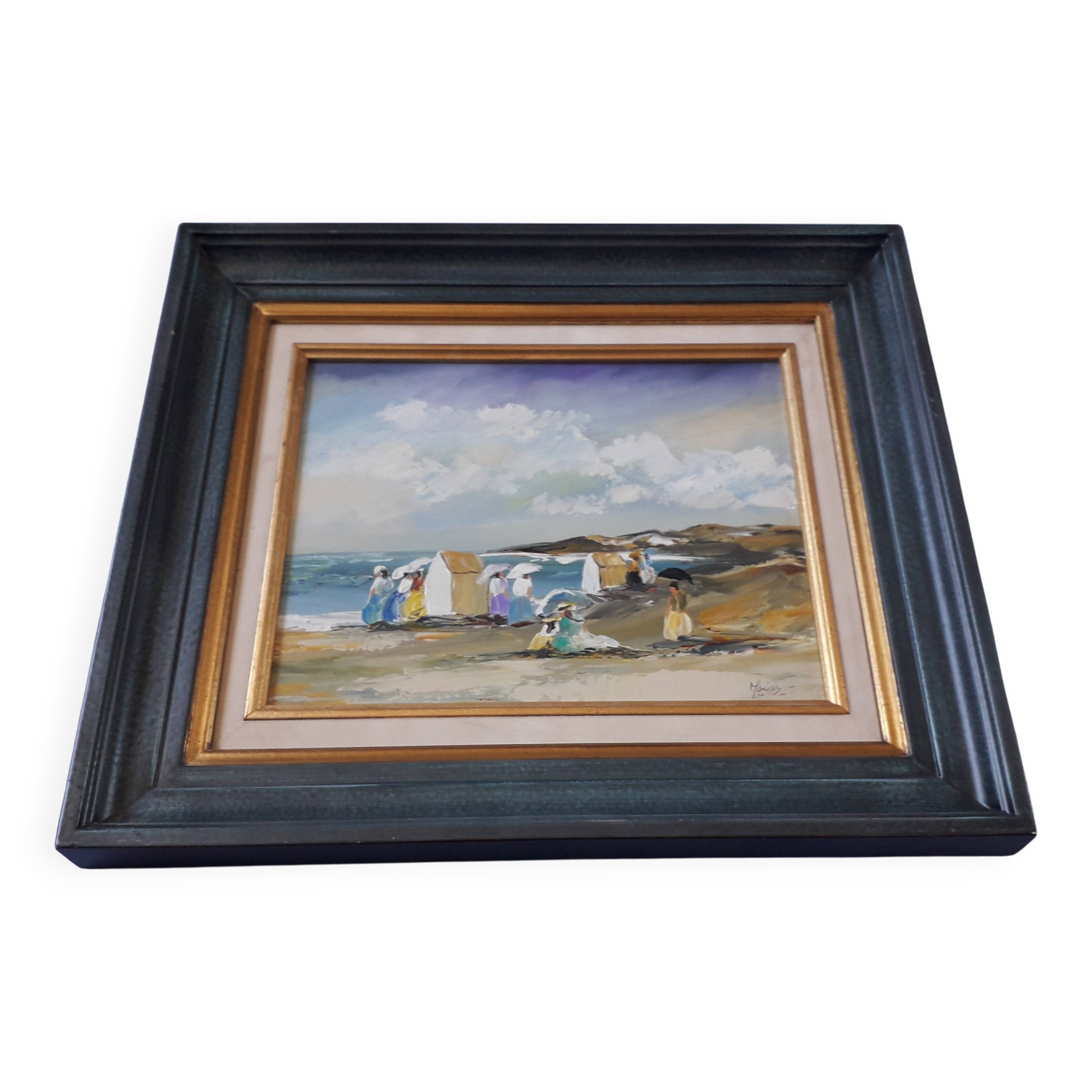Tableau ancien à l'huile représentant une scène de bord de mer