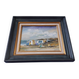 Antique oil painting depicting a seaside scene