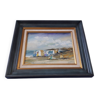 Antique oil painting depicting a seaside scene