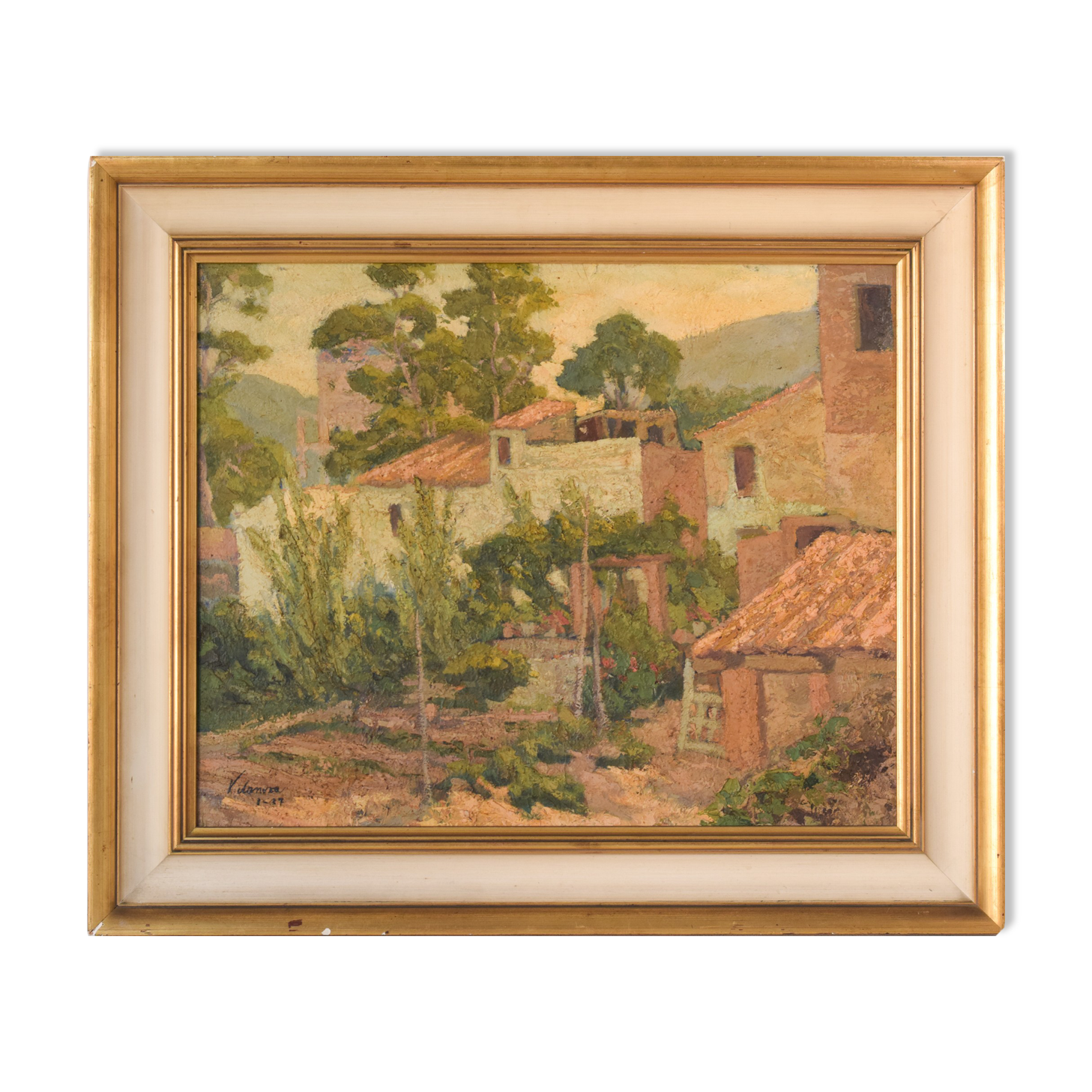 Impressionist painting of villas and garden