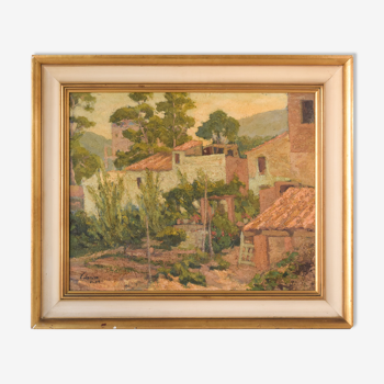 Impressionist painting of villas and garden