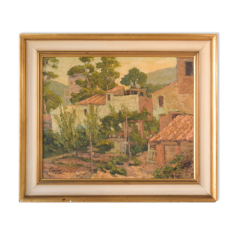 Impressionist painting of villas and garden