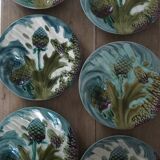 6 asparagus and artichokes plates in slip signed Lunéville