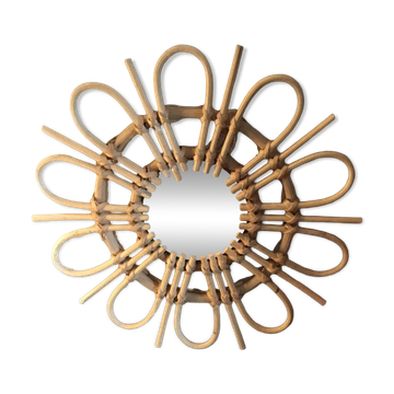 Miroir soleil, fleur vintage en rotin et bois