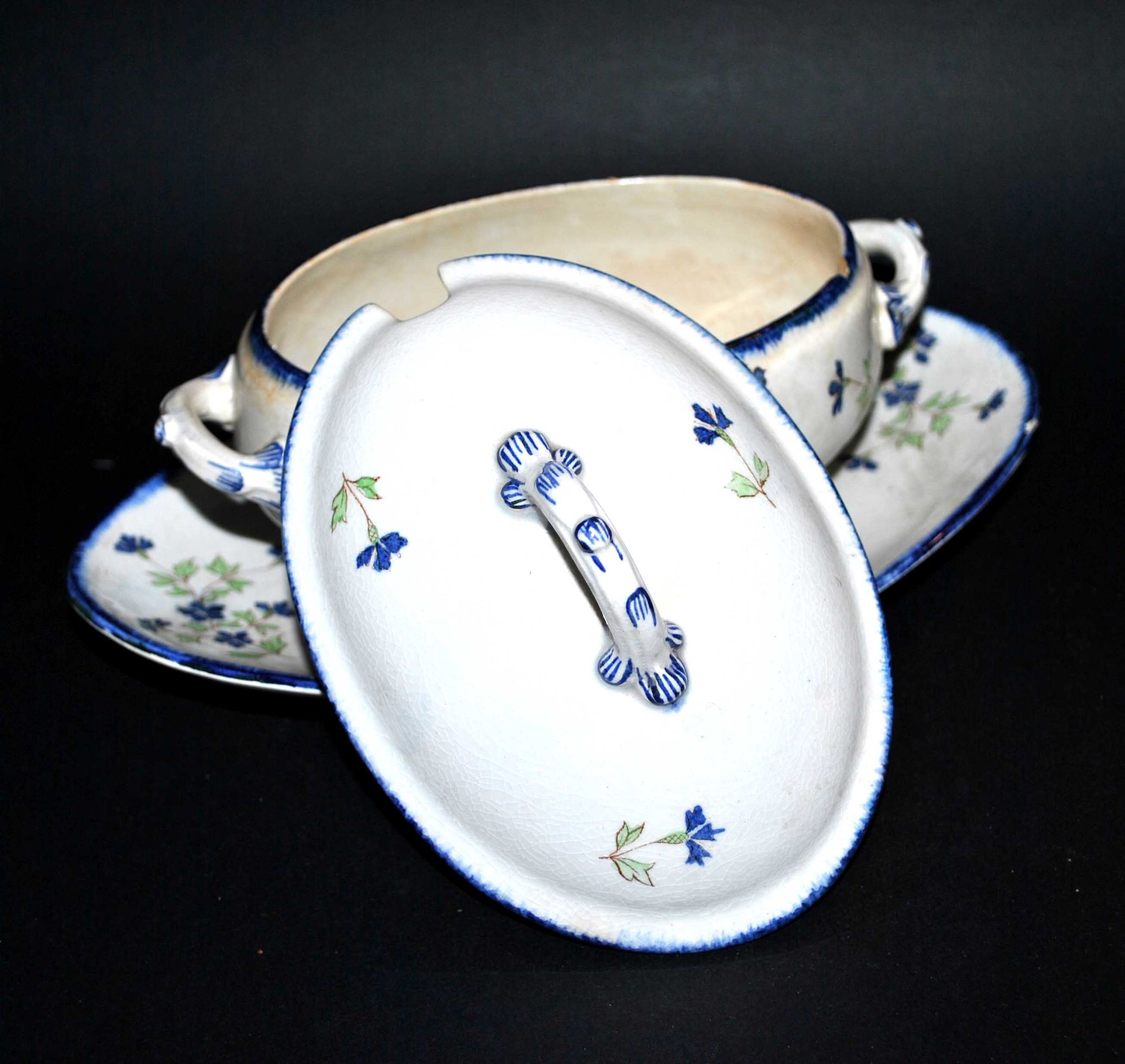 Oval sugar bowl in creil terrece montereau model barbeau blueberry 19th century