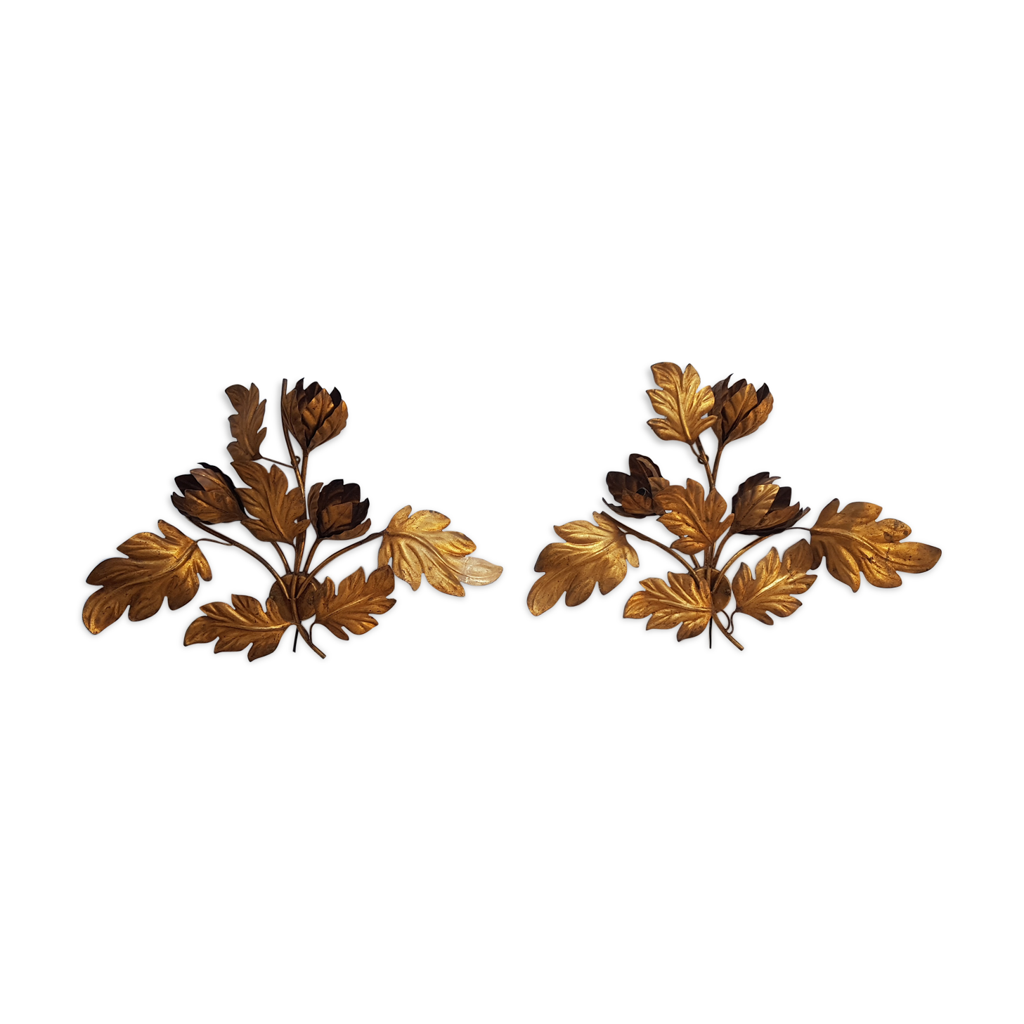 Paire d'appliques murales fleur feuillage en métal doré par Hans Kögl, 1970
