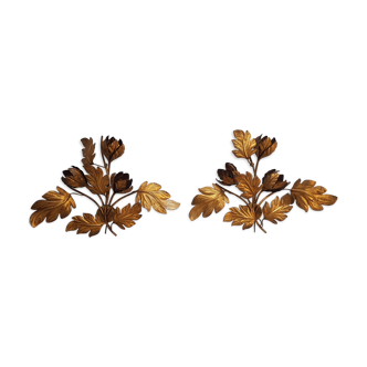 Pair of flower sconces gold metal foliage by Hans Kogl, 1970