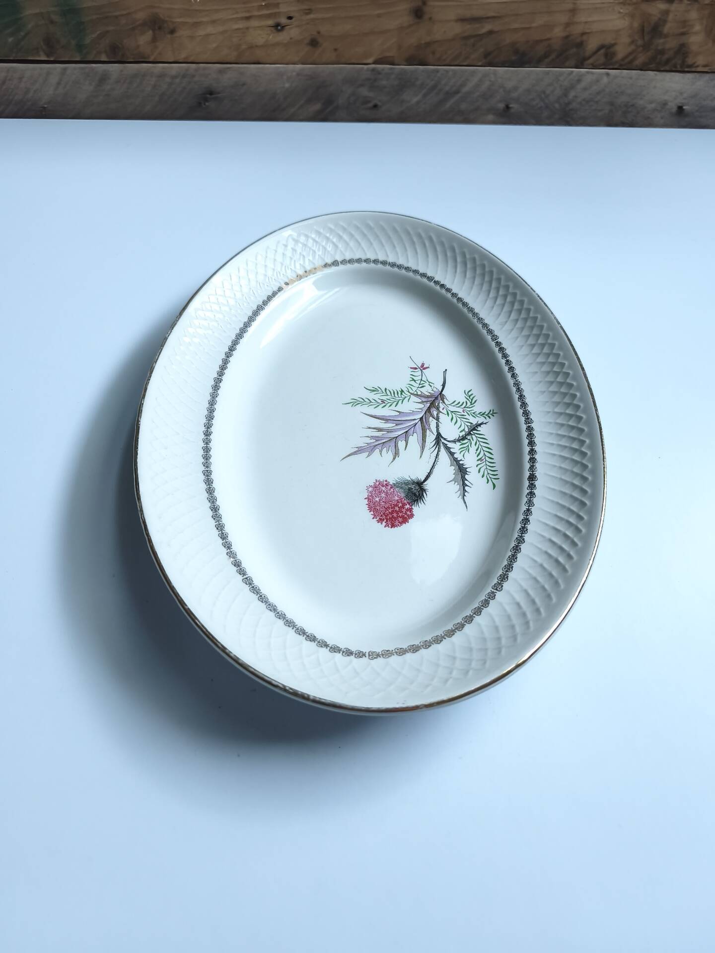 Vintage oval plate signed Moulin des Loups model Imperia pink flower