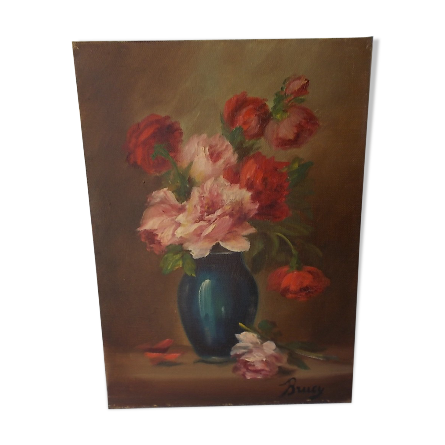 Old oil on canvas bouquet of flowers old still life