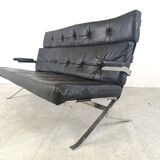 Canapé vintage en cuir noir et chrome, 1970