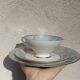 Vintage Bavaria ivory tea/coffee trio, sky blue & gold graphic waves.