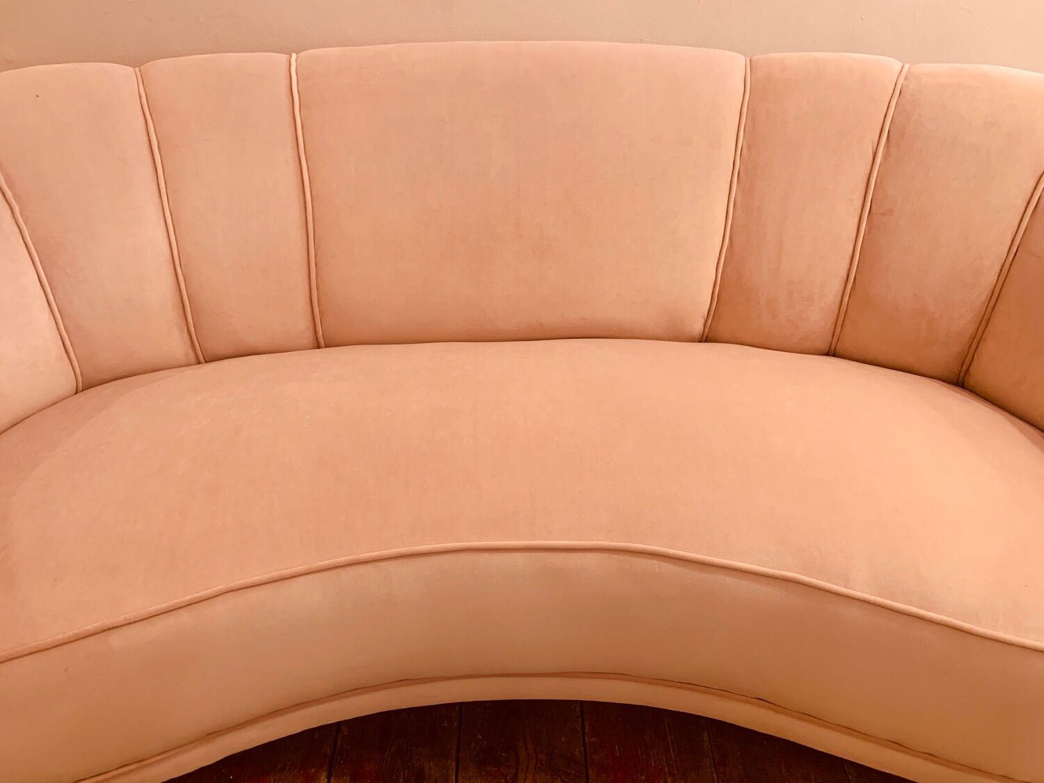 1940s Danish Banana Shaped Scalloped Sofa in Blush Pink