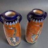 Pair of Art Deco Amphora Vases – Bohemia 1920s – Birds – 38 cm